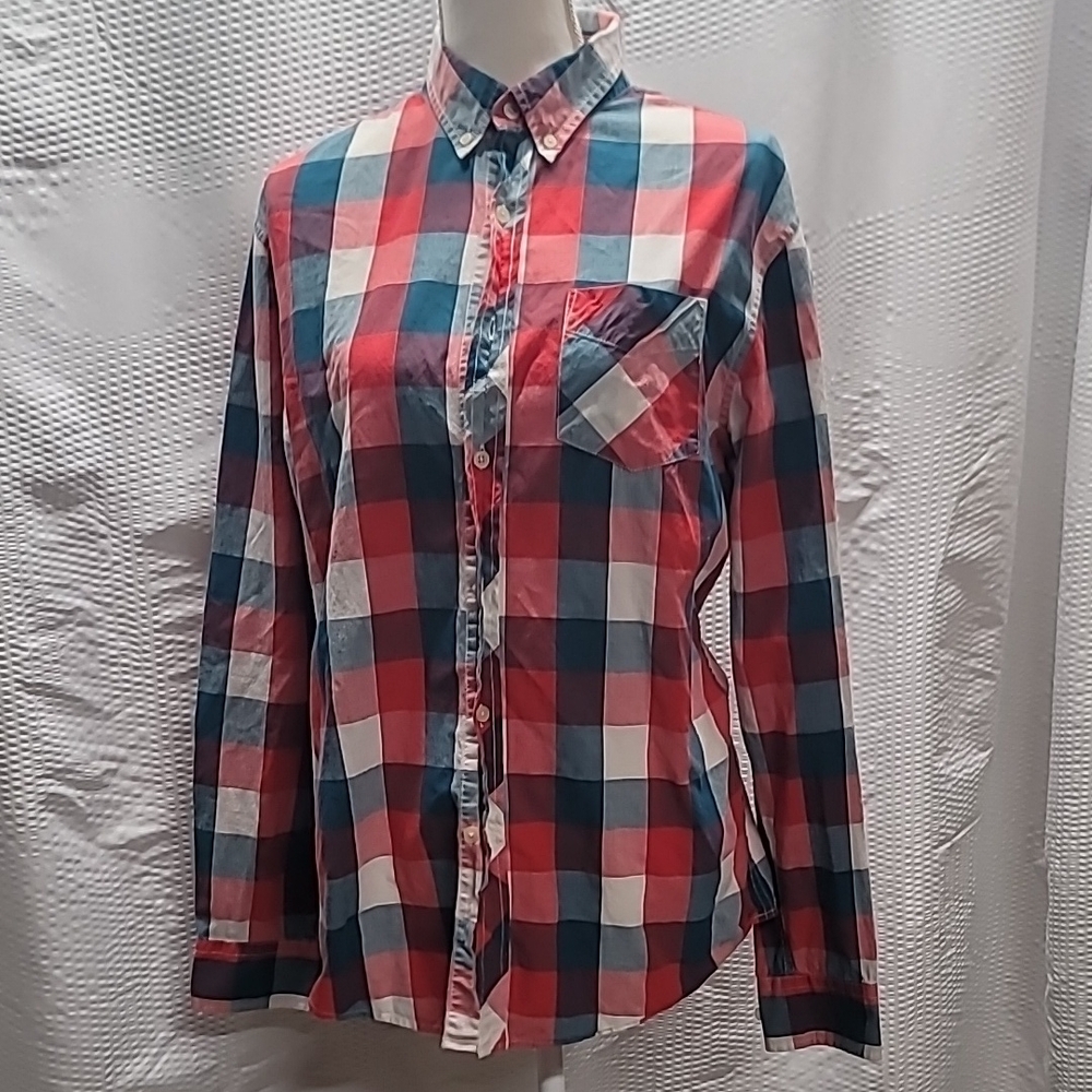 L.L. Bean Signature Shirt Men's Red Blue Checkered Plaid Button-Down Size Medium